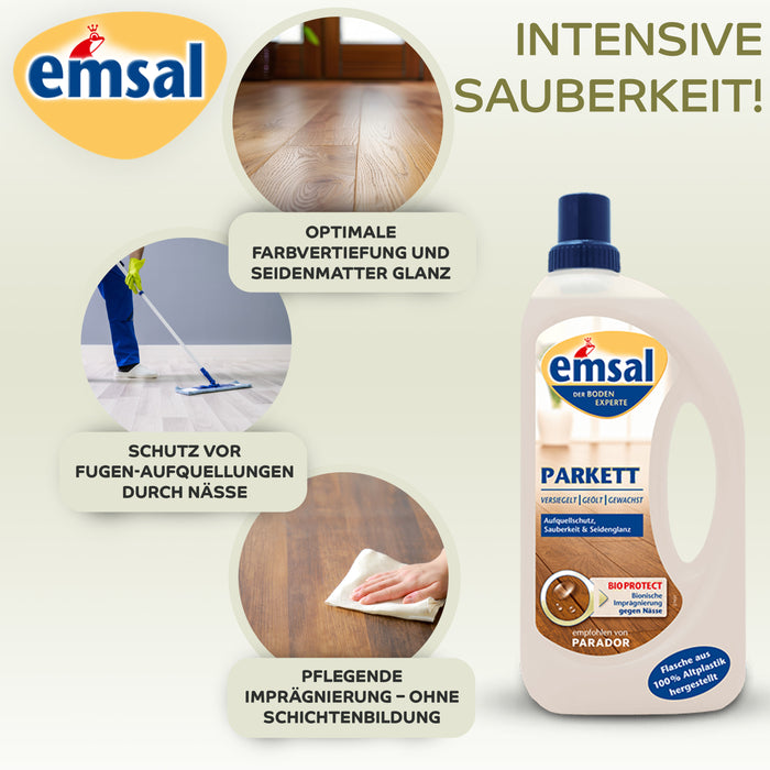 Emsal Parquet Floor Care 1L – 쪽모이 세공 마루 바닥을 보호하고 유지하며 오래 지속되는 광택을 제공합니다.