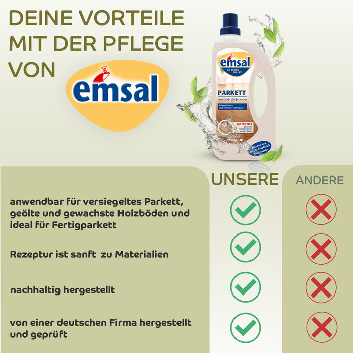 Emsal Parquet Floor Care 1L – 쪽모이 세공 마루 바닥을 보호하고 유지하며 오래 지속되는 광택을 제공합니다.