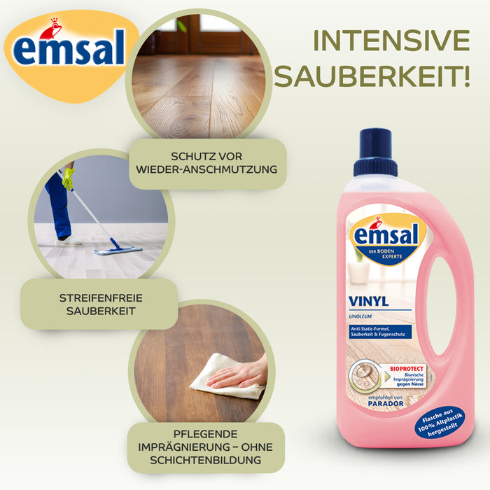 Emsal Bodenpflege Vinyl 1L – Schutz & Glanz für Vinyl-, Laminat- und Kunststoffböden Entfernt Schmutz & Fett | Schützt vor Kratzern | Langanhaltende Pflege & seidenmatter Glanz