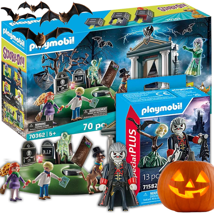 Playmobil 70362 SCOOBY-DOO! Abenteuer auf dem Friedhof + Playmobil 71582 Dracula – Grusel-Spaß mit Geistern und Vampiren für spannende Geschichten – Ideal für Halloween und mystische Abenteuer!