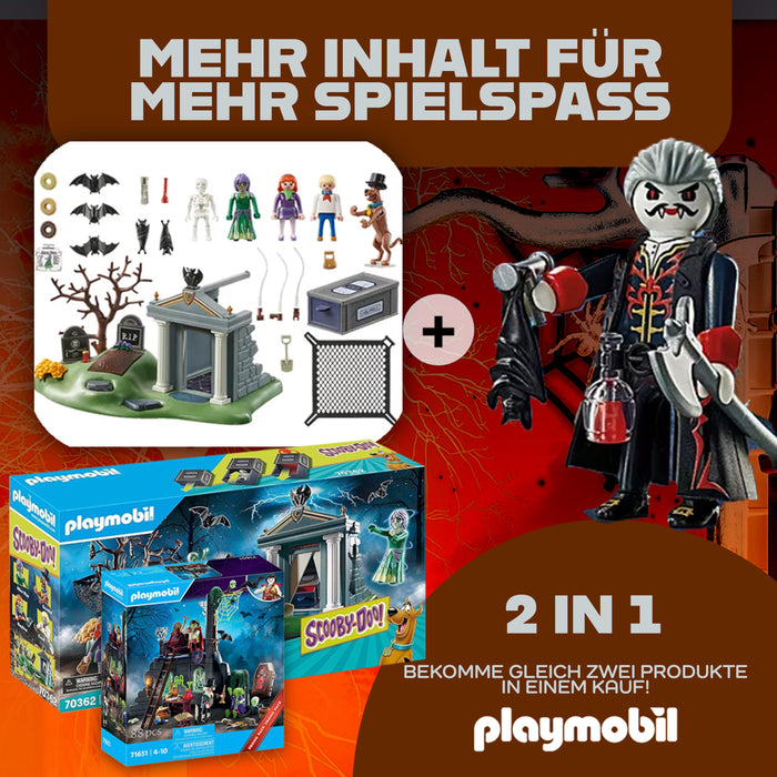 Playmobil 70362 SCOOBY-DOO! Abenteuer auf dem Friedhof + Playmobil 71582 Dracula – Grusel-Spaß mit Geistern und Vampiren für spannende Geschichten – Ideal für Halloween und mystische Abenteuer!