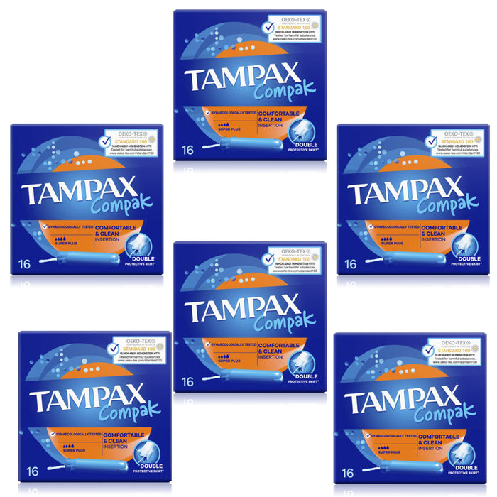 Tampax Compak Tampons, Super Plus mit Applikator, 16 Tampons, Auslaufschutz und Diskretion, super saugfähig, 6er Set (6 x 16)