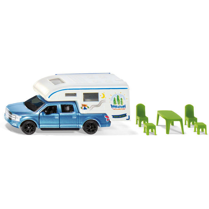 siku 1693, Ford F150 Pick-Up Camper, Metall/Kunststoff, Blau/Weiß, Stühle, Hocker und Tisch, Ausziehbare Markise